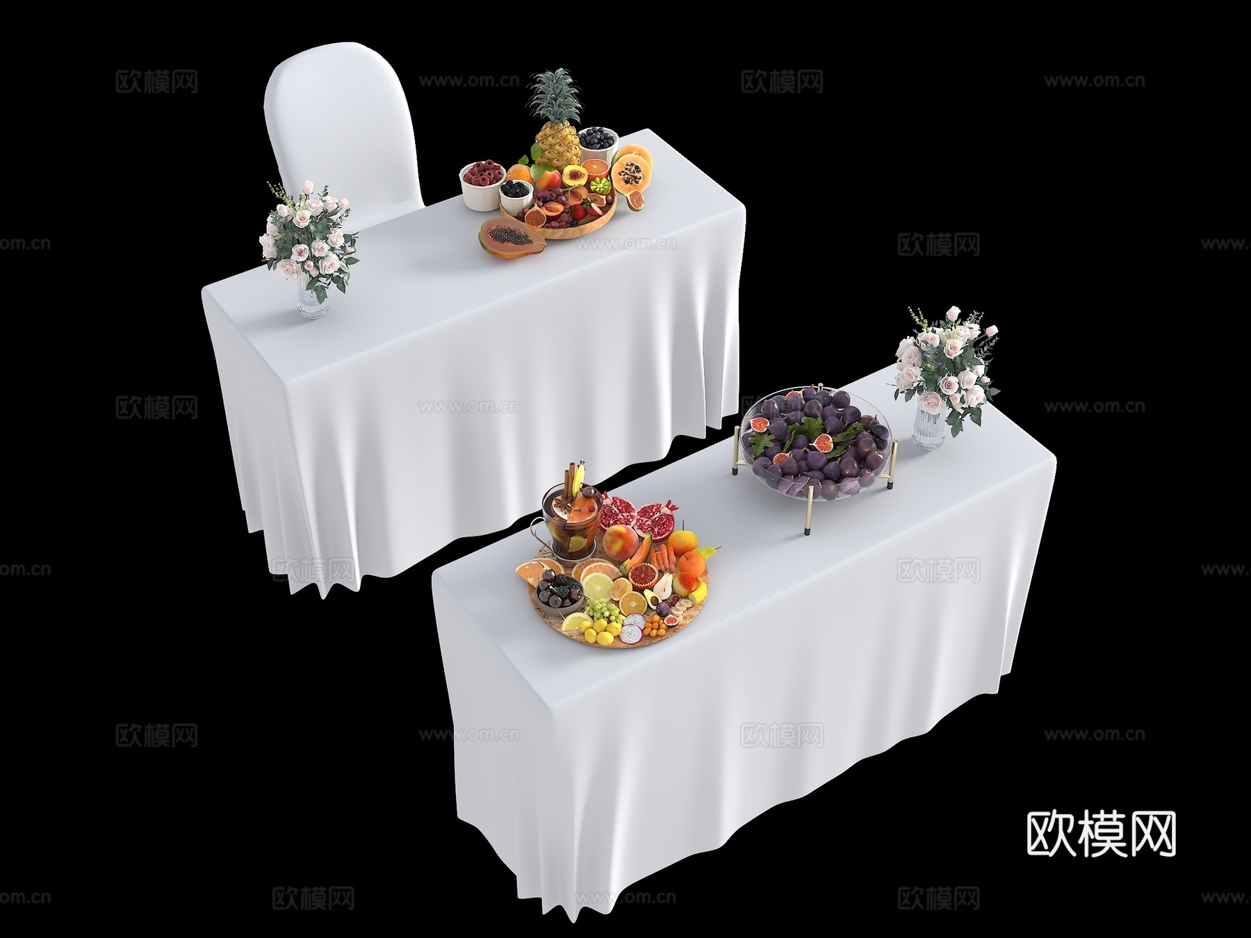 现代贵宾桌 签到桌 接待台 婚宴签到桌 水果果盘 菠萝 食物su模型