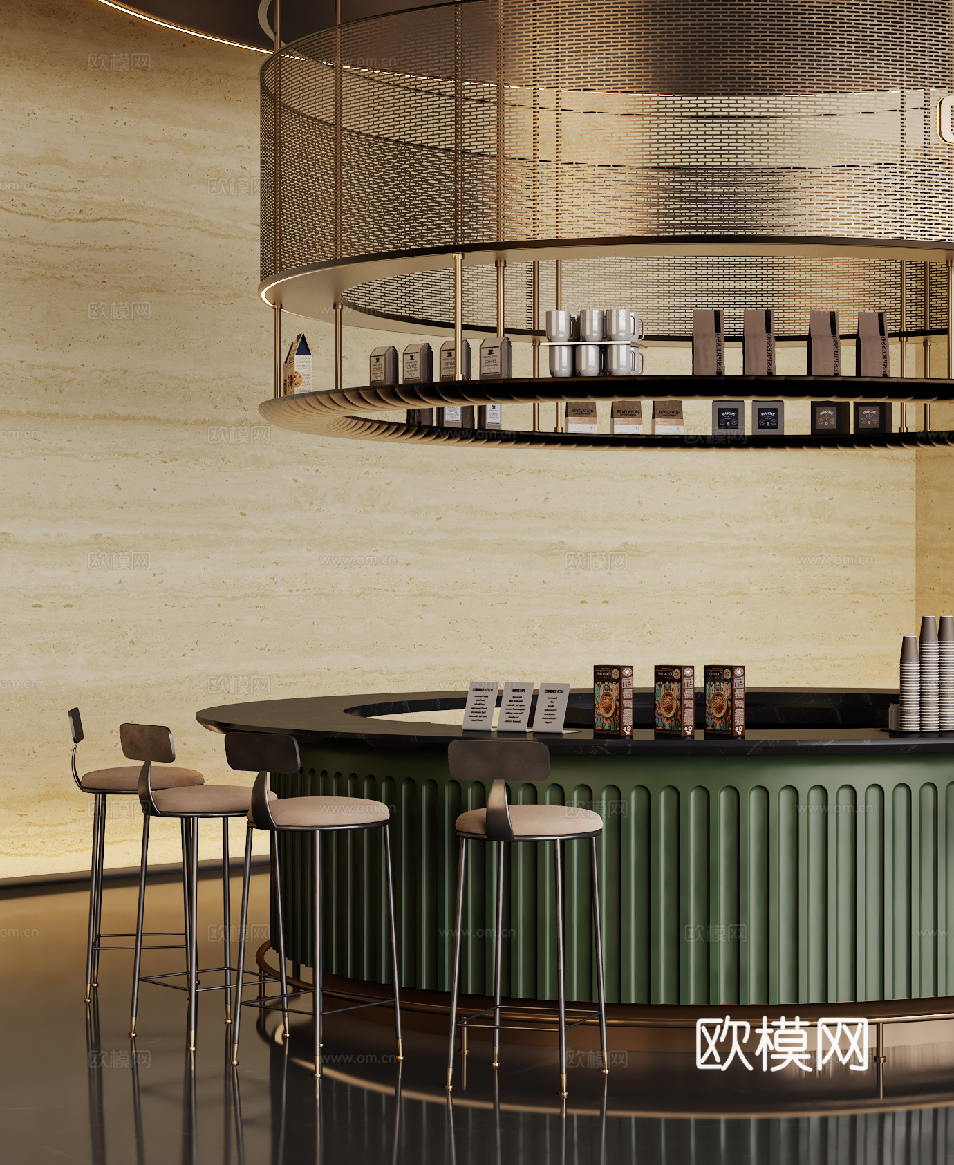 现代售楼处水吧台咖啡区 弧形吧台 金属装饰架su模型
