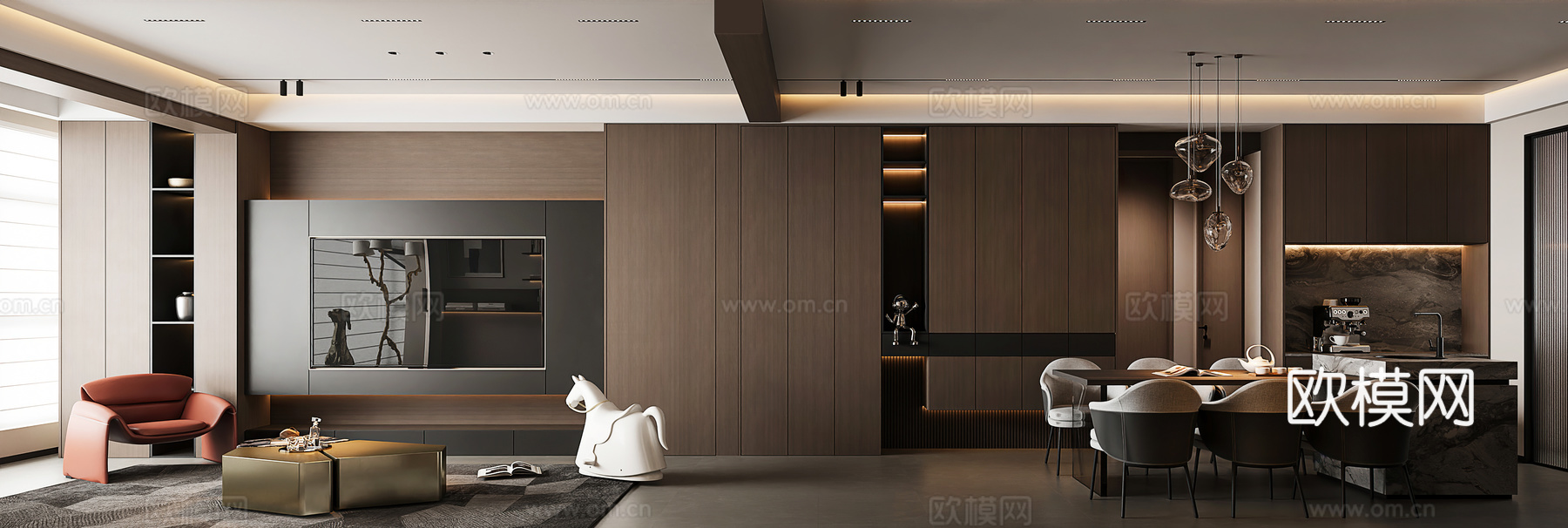 意式客餐厅 组合沙发 黑暗灰 暗黑风 酒柜 电视背景墙 休闲3d模型