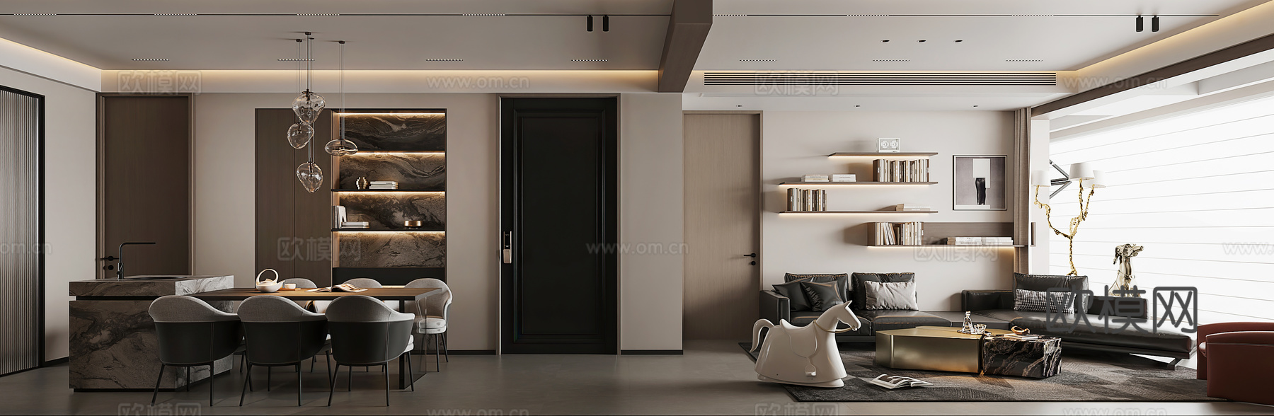 意式客餐厅 组合沙发 黑暗灰 暗黑风 酒柜 电视背景墙 休闲3d模型