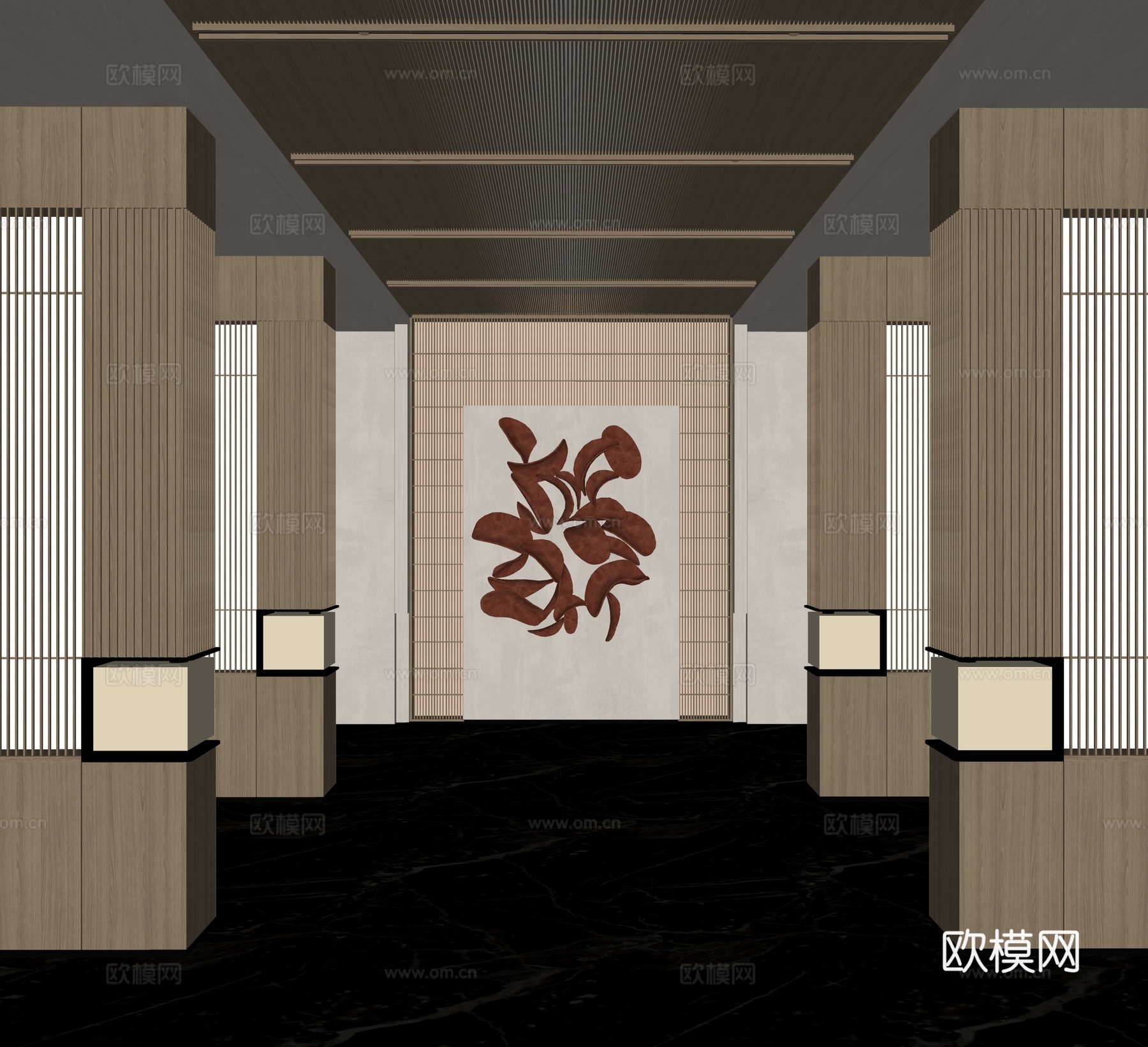 新中式酒店玄关过道酒店走廊su模型