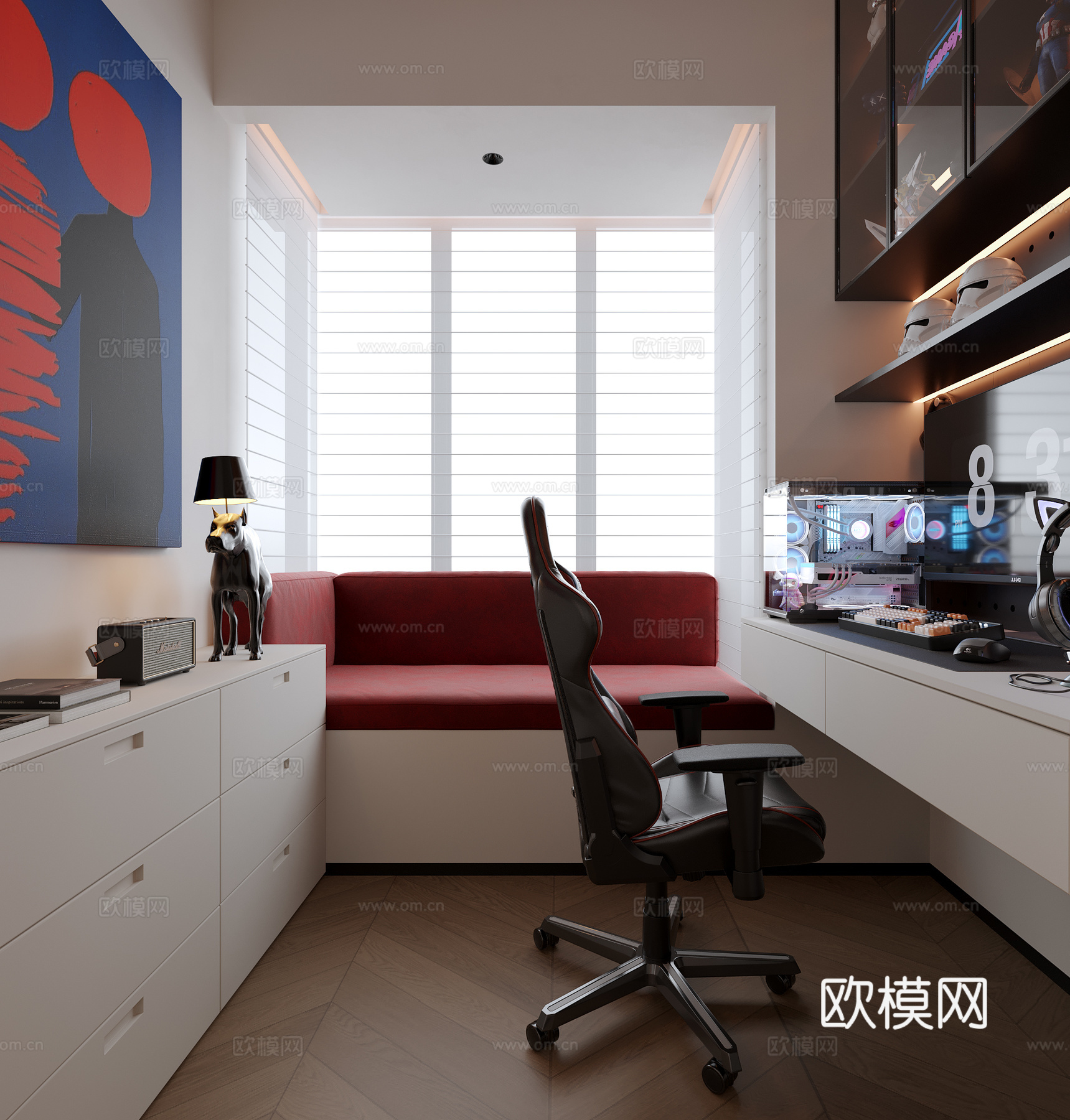 现代极简书房电竞椅飘窗垫海景房机箱电脑挂画玻璃柜3d模型