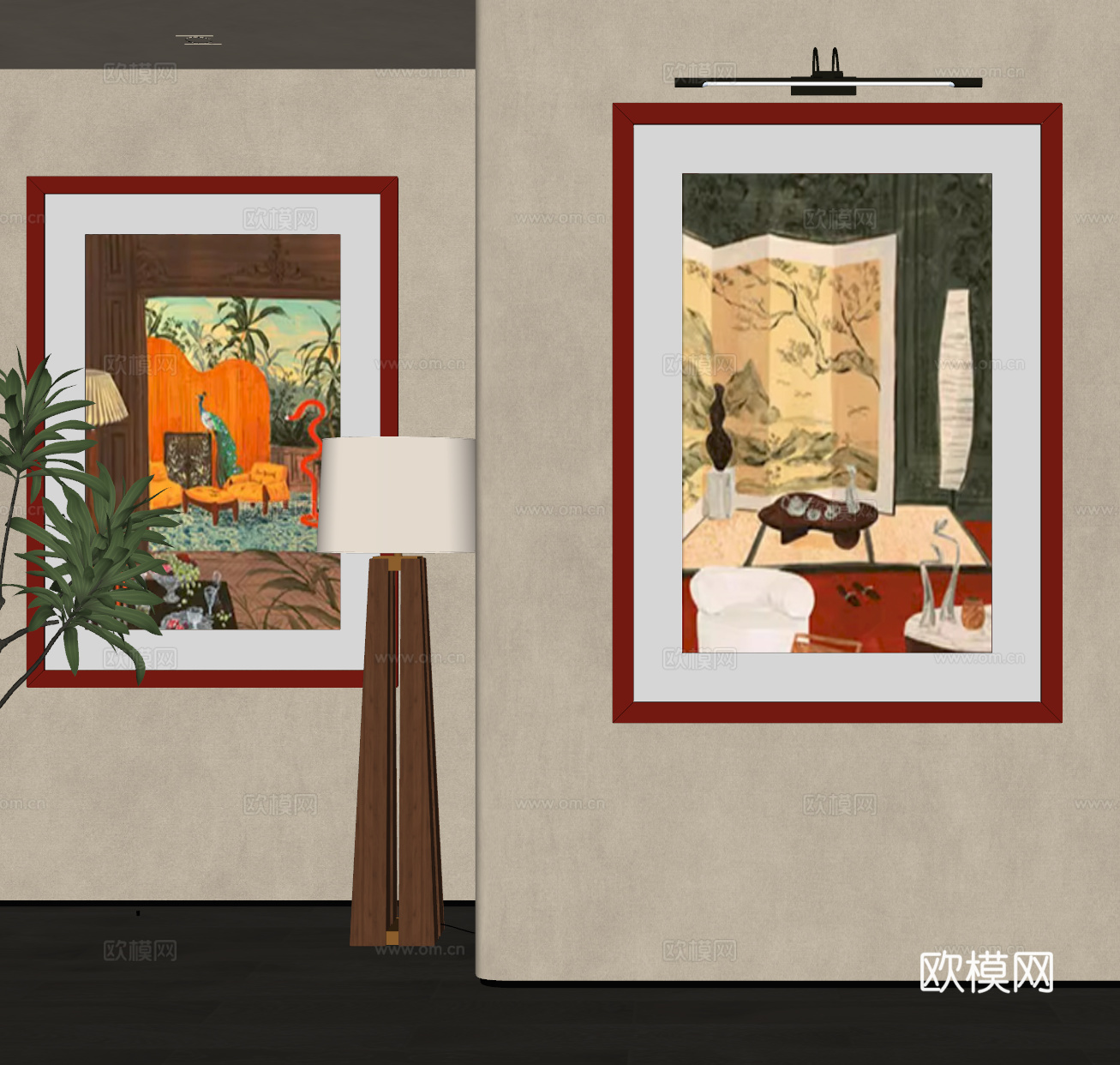 现代中古装饰画 多巴胺 中古风落地灯 挂画 现代中古风装饰画su模型