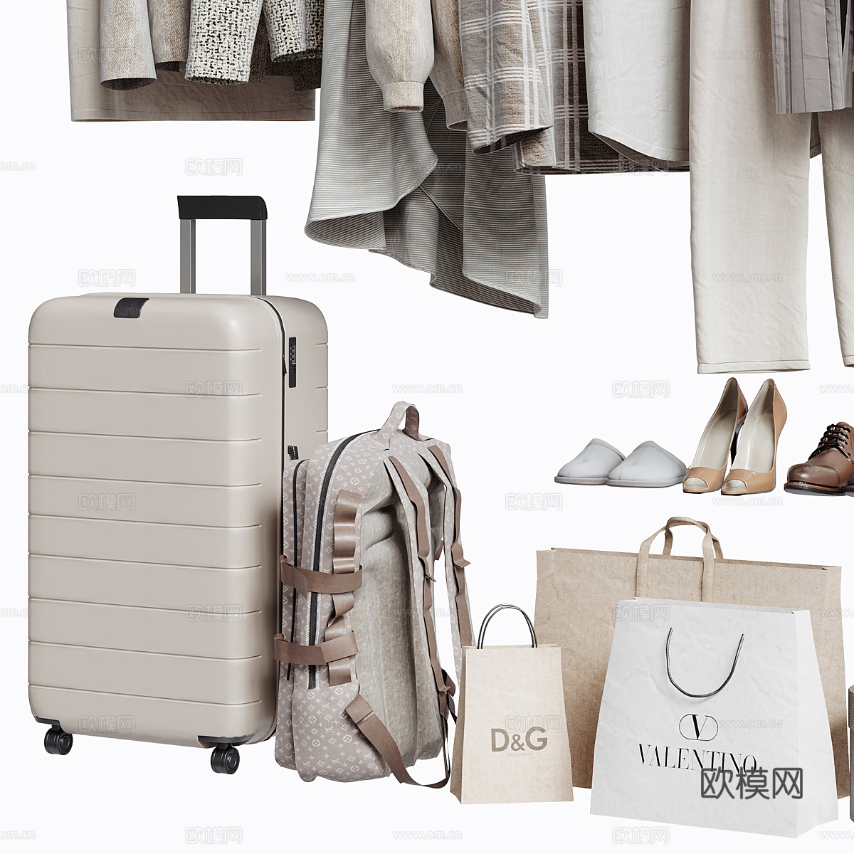 现代衣柜服饰箱包组合 衣服 裤子 箱包 鞋 手提袋su模型