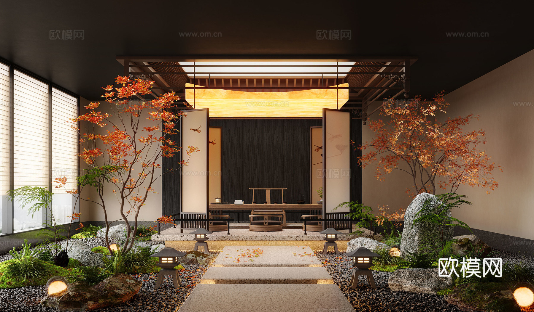 新中式茶室 茶室景观 植物造景 室内景观 茶座 屏风3d模型