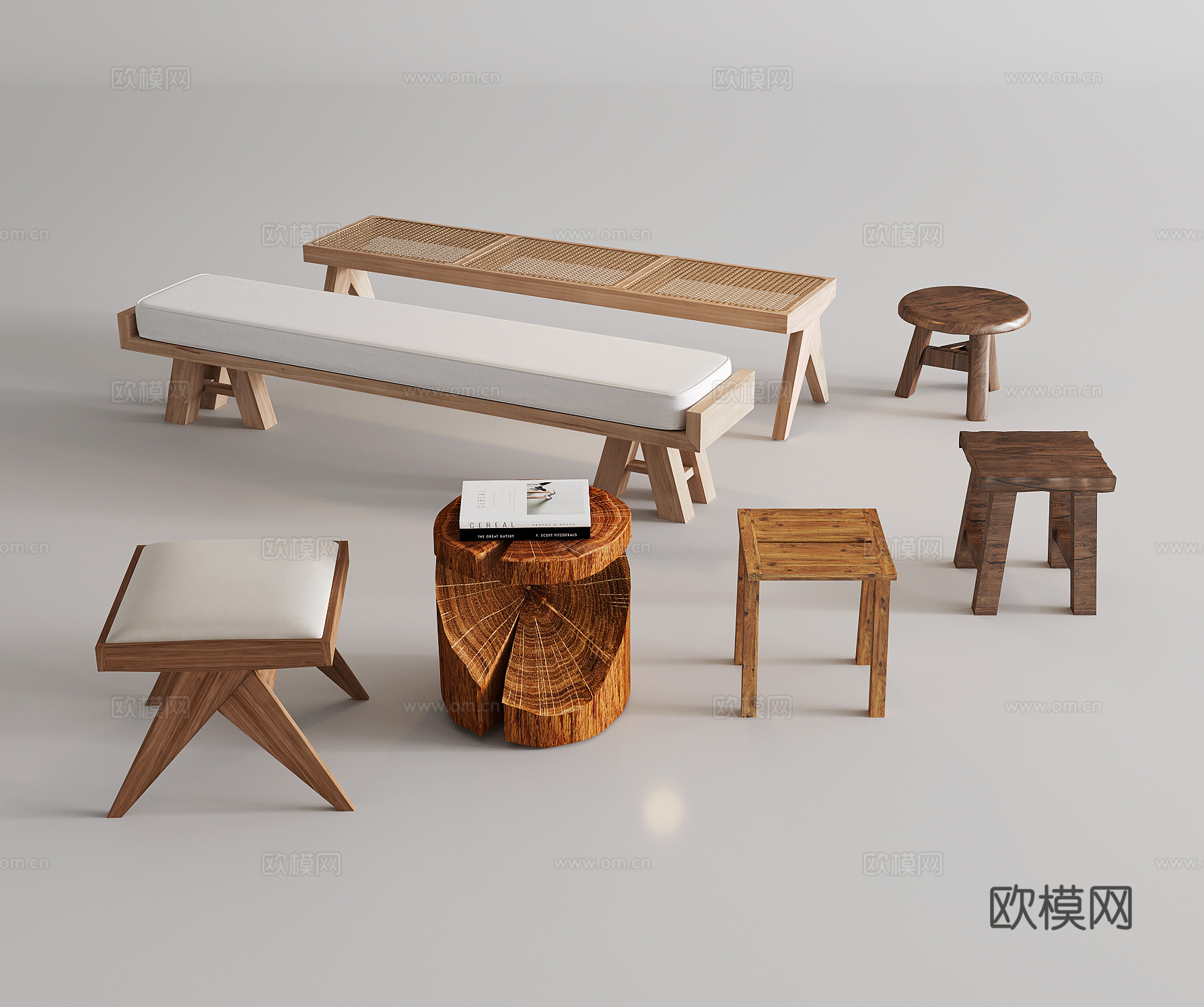侘寂中古风换鞋凳 长凳 实木凳子 树桩凳 木墩 茶凳su模型