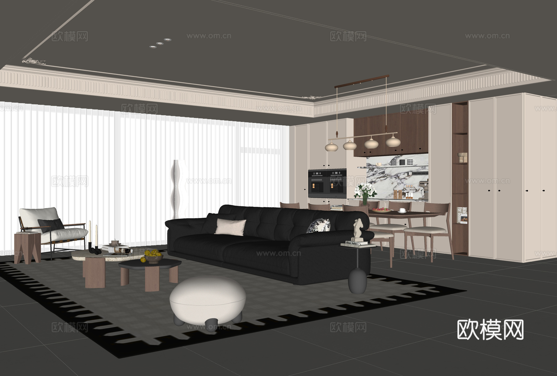 中古风客餐厅su模型下载（渲染图2）