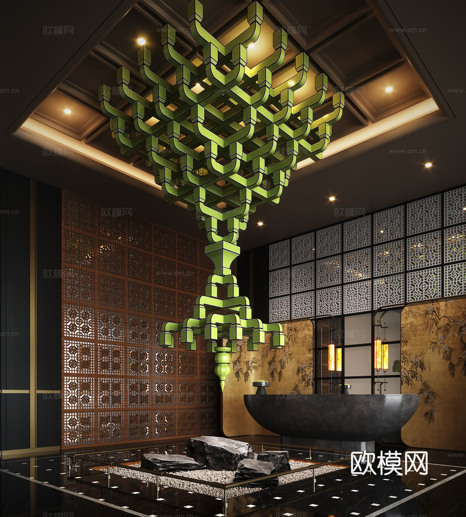 新中式酒店大堂 斗拱装置 雕塑装置 倒挂装置su模型