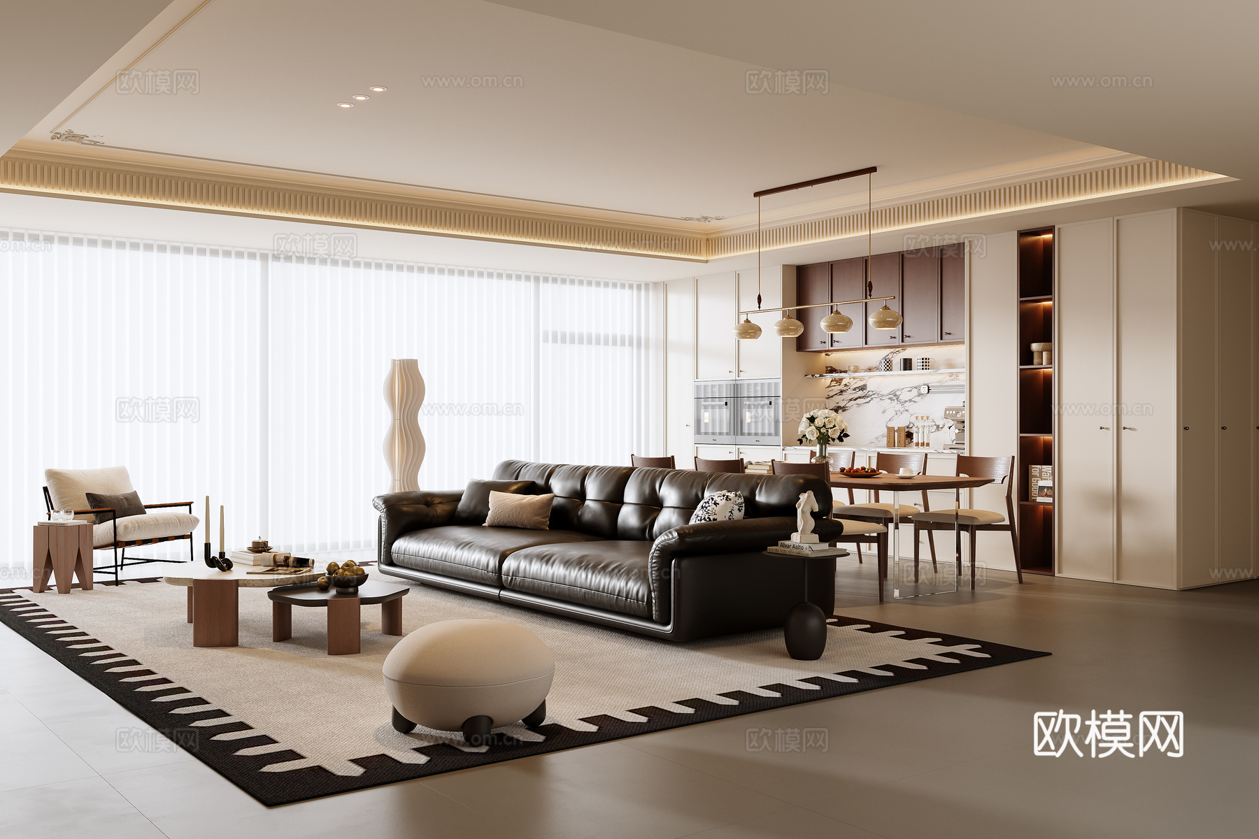 中古风客餐厅su模型下载（渲染图1）