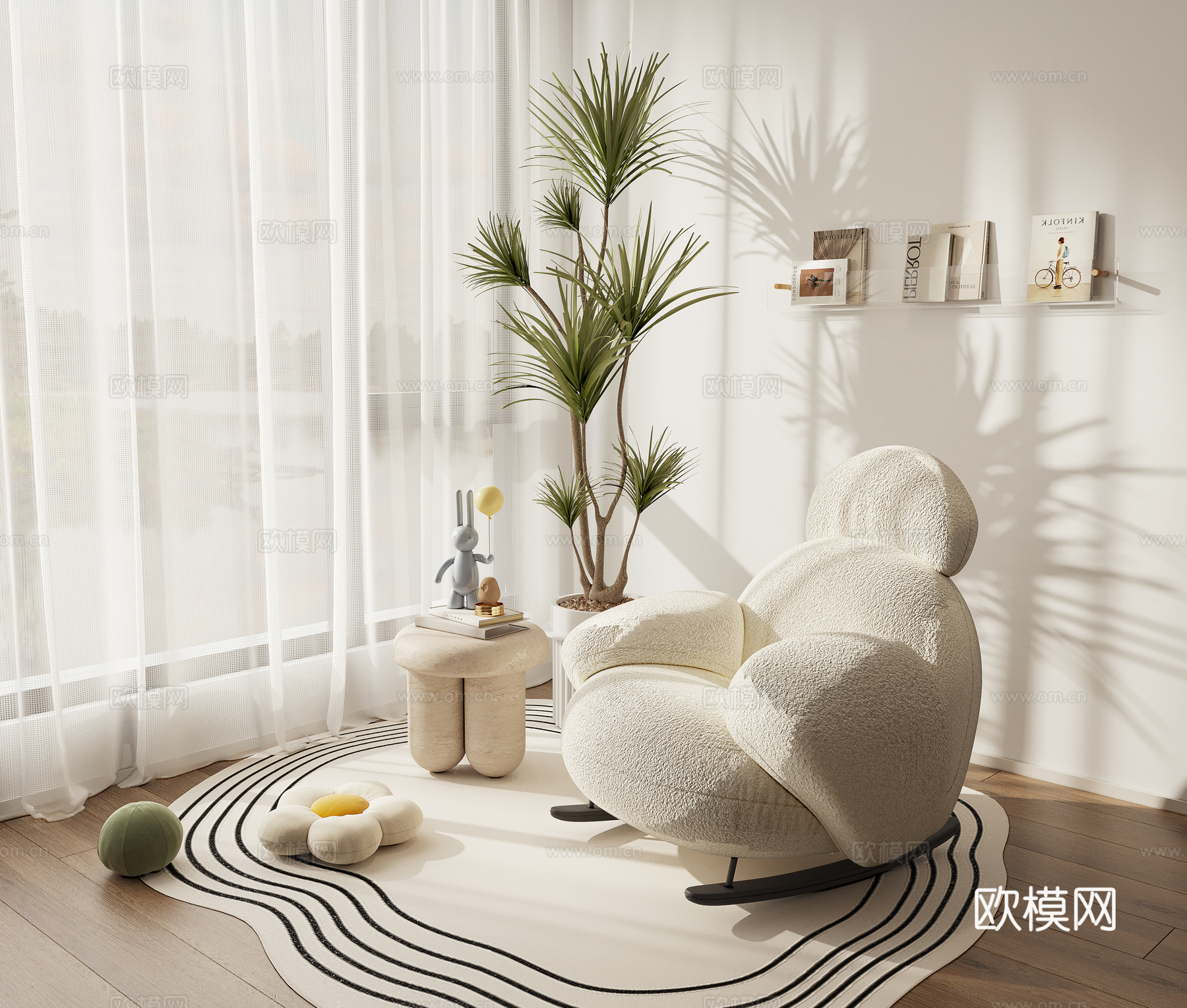 奶油风休闲椅懒人沙发墙饰边几盆栽3d模型