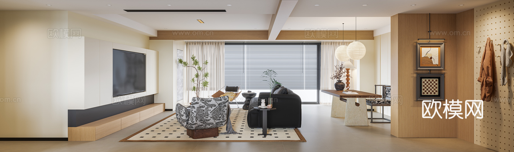 奶油风客餐厅3d模型下载（渲染图2）