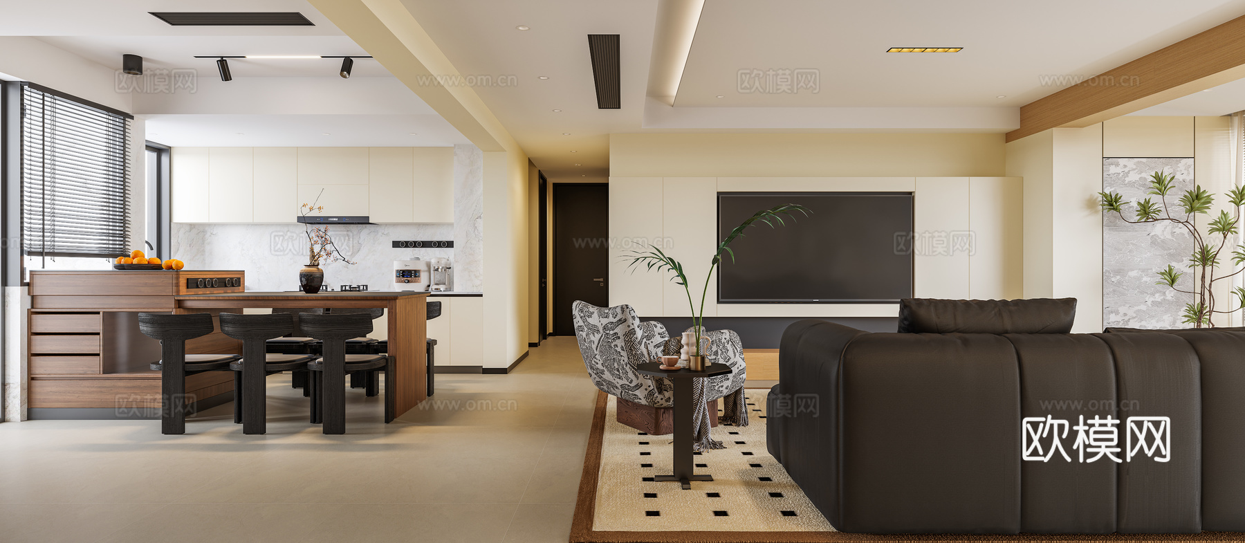 奶油风客餐厅3d模型下载（渲染图3）