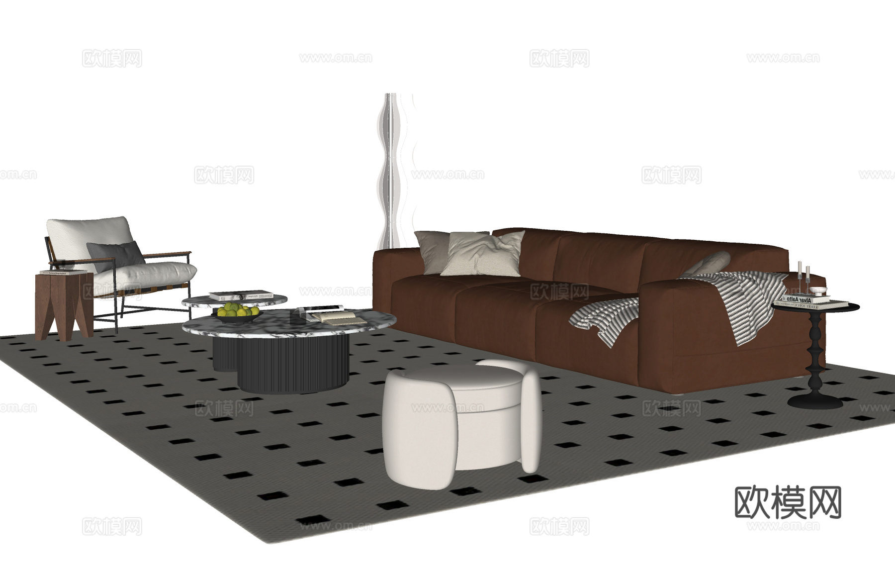 中古风沙发茶几组合su模型下载（渲染图2）