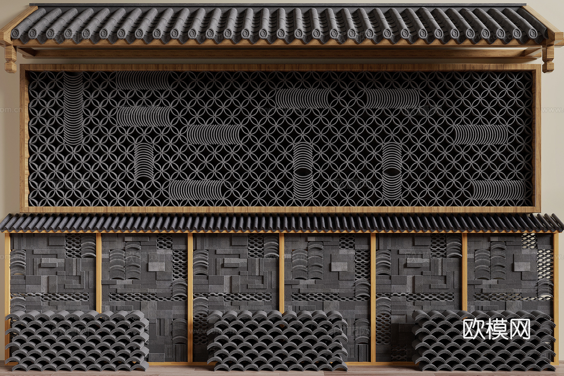 中式瓦片墙3d模型