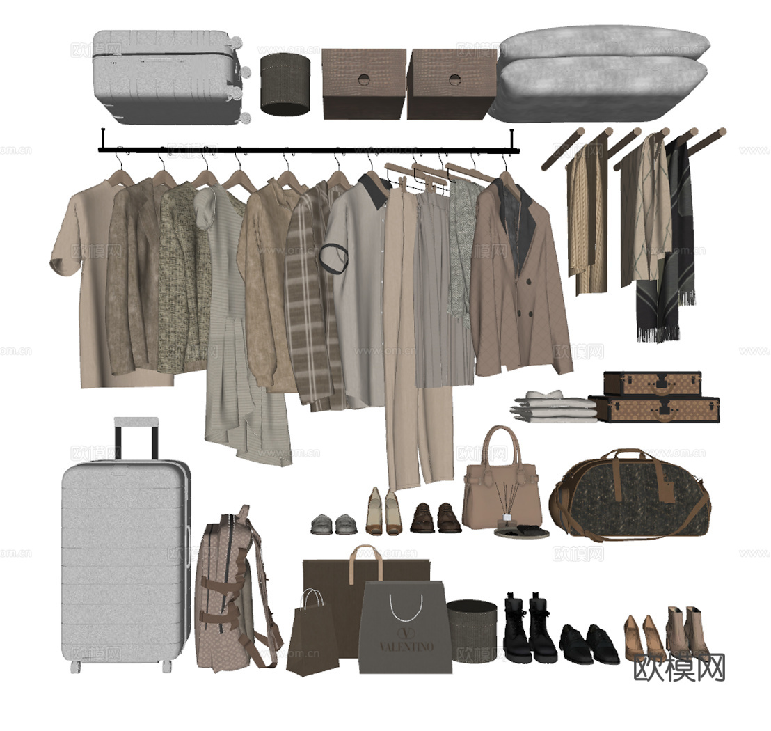 现代衣柜服饰箱包组合 衣服 裤子 箱包 鞋 手提袋su模型