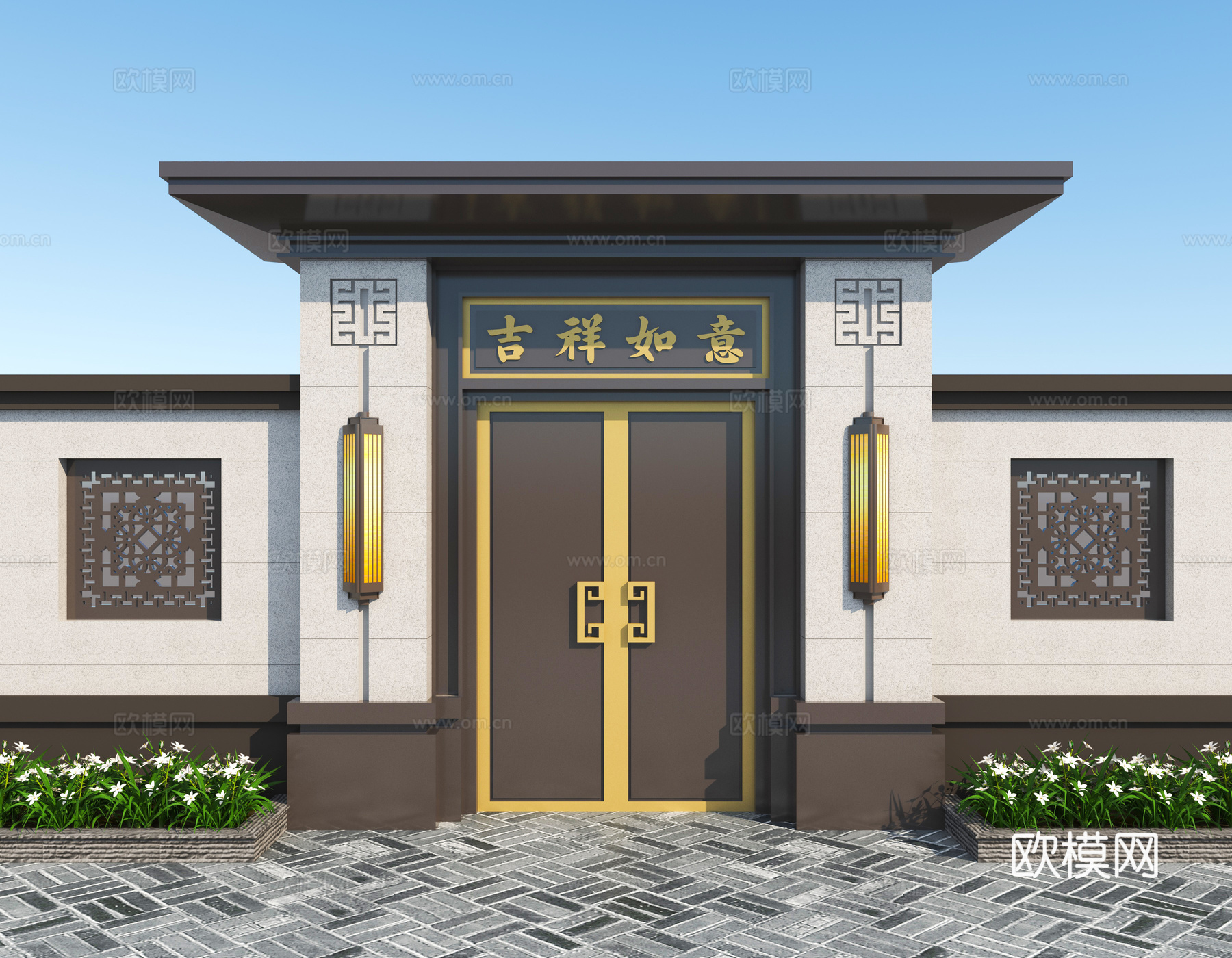 新中式大门 门头 别墅大门su模型