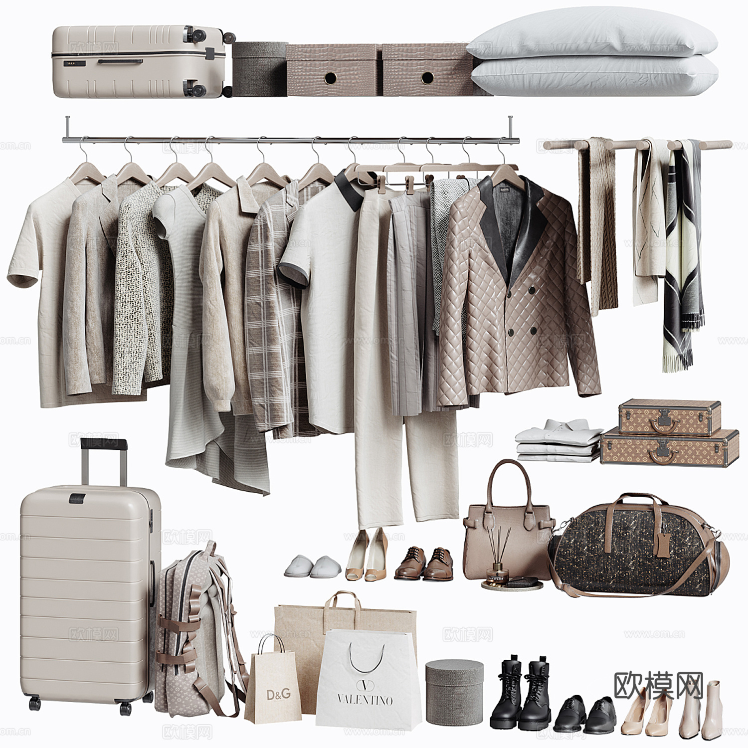 现代衣柜服饰箱包组合 衣服 裤子 箱包 鞋 手提袋su模型