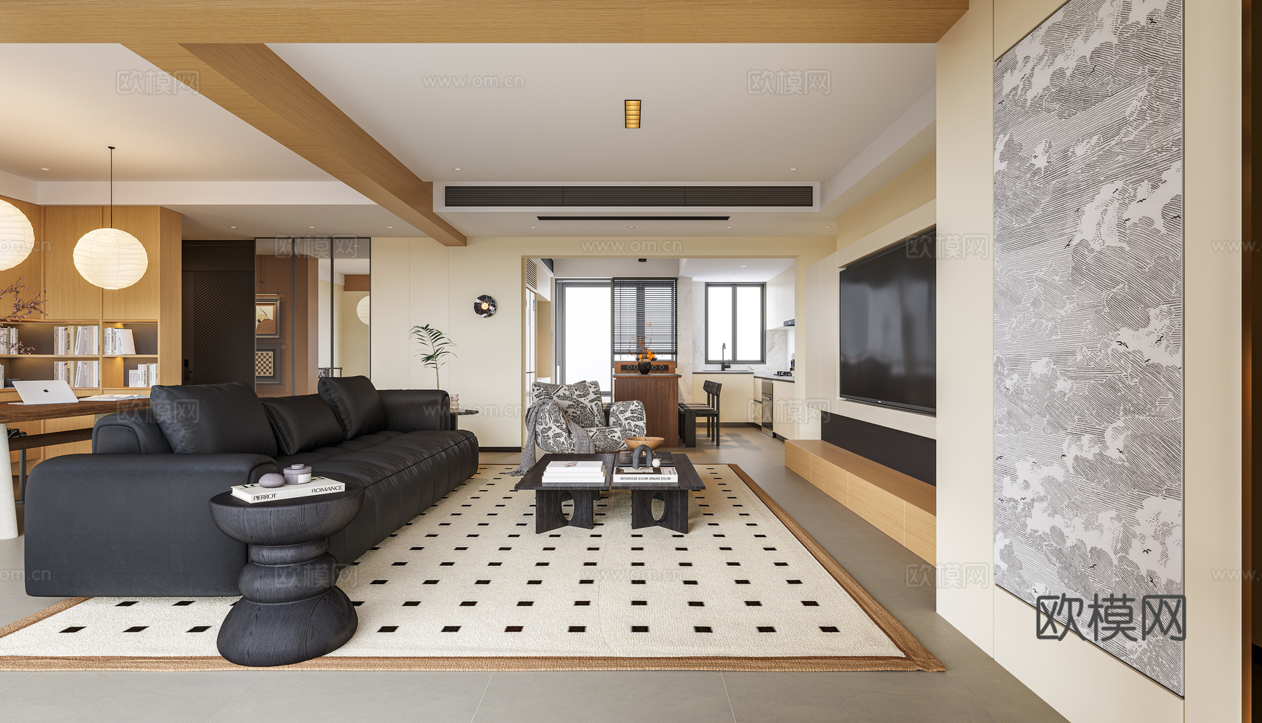 奶油风客餐厅3d模型下载（渲染图4）