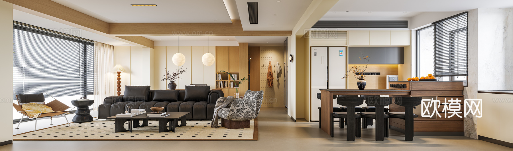 奶油风客餐厅3d模型下载（渲染图1）