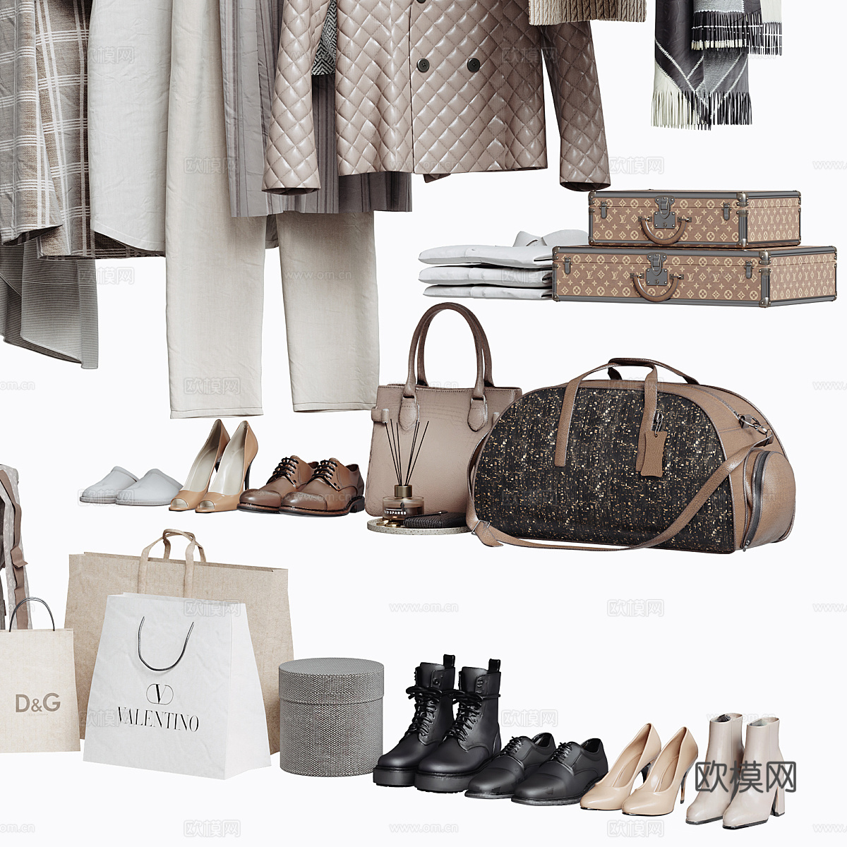 现代衣柜服饰箱包组合 衣服 裤子 箱包 鞋 手提袋su模型