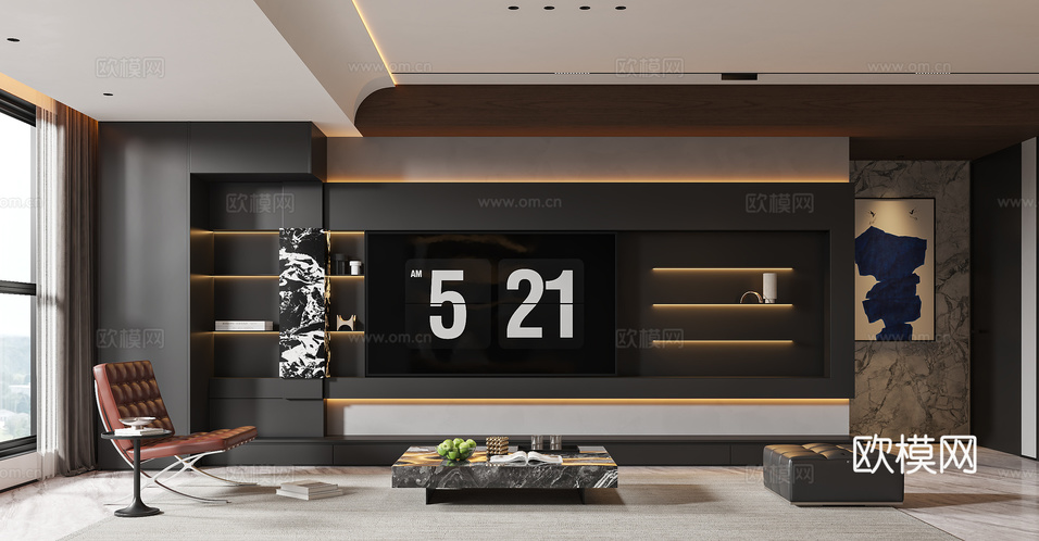 现代黑白灰客餐厅3d模型下载(渲染图4)
