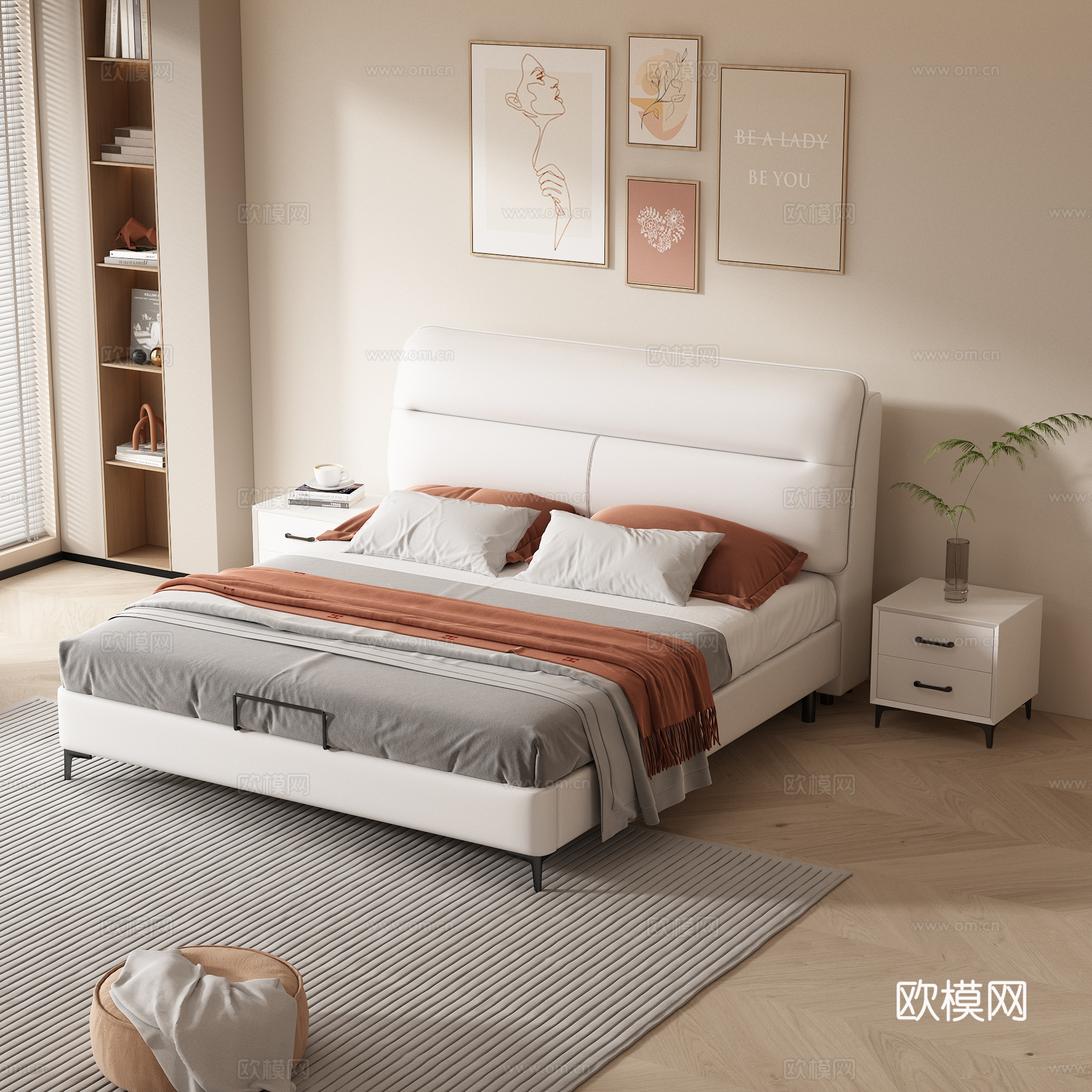 双人床 皮质软包双人床 轻奢主卧床 意式极简 真皮床 卧室3d模型