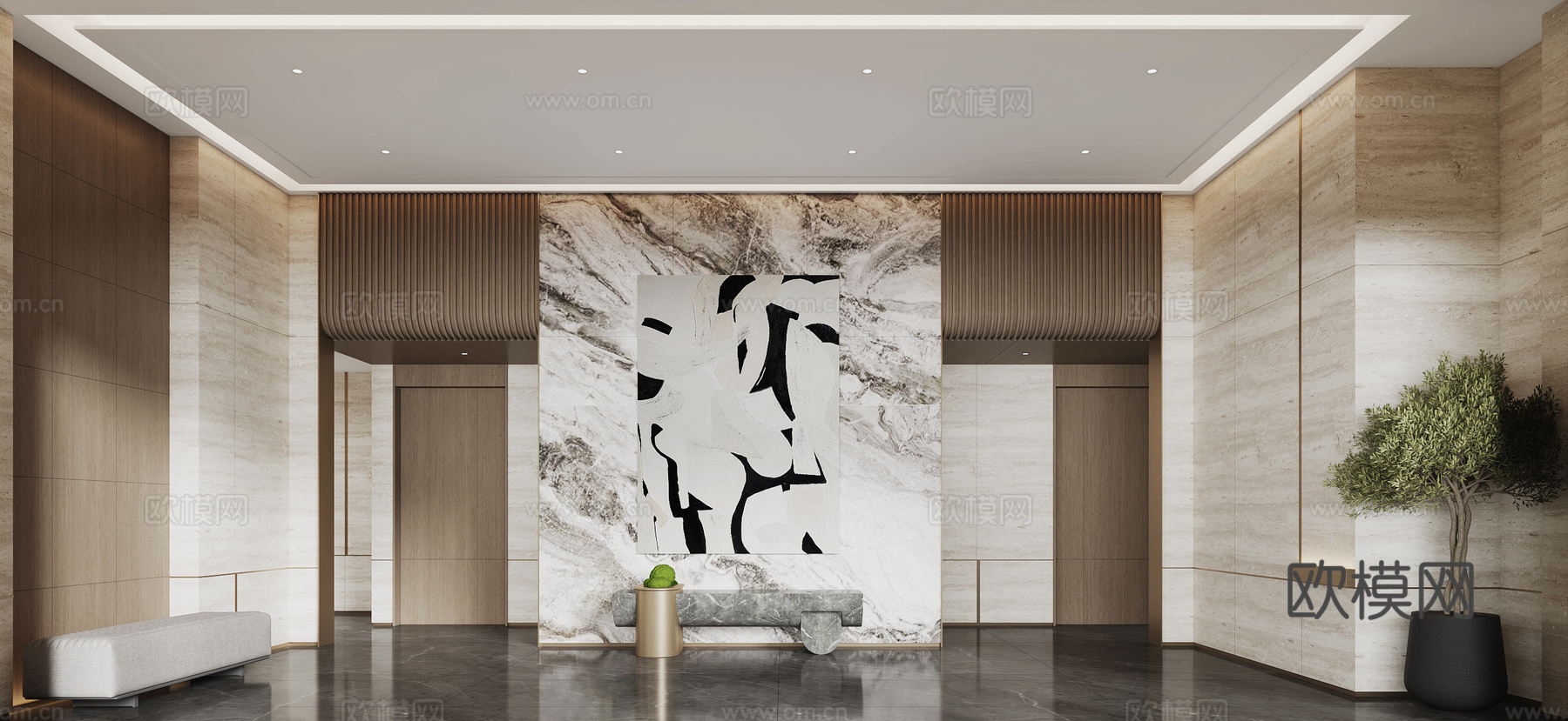 现代入户大堂 背景墙 矮凳 挂画 绿植3d模型