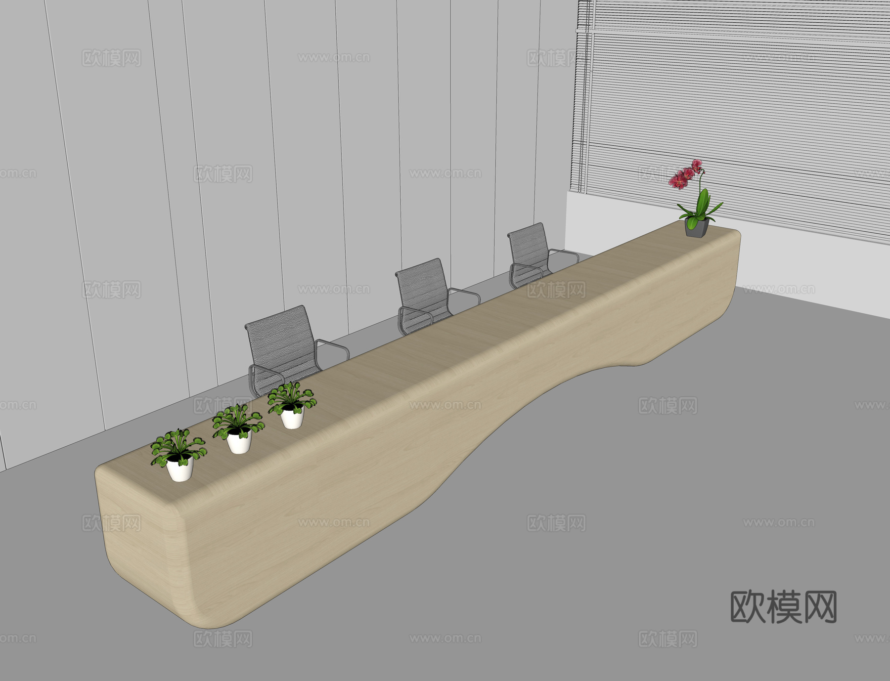 实木前台 接待前台 接待工作台 金属单椅 花盆盆栽su模型下载（渲染图2）