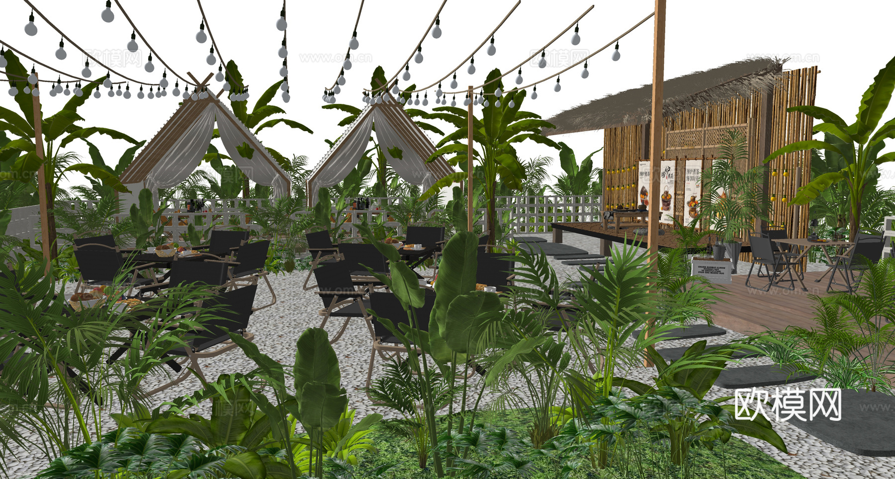 户外露营风营地  露营帐篷 户外桌椅 植物堆 植物组合su模型