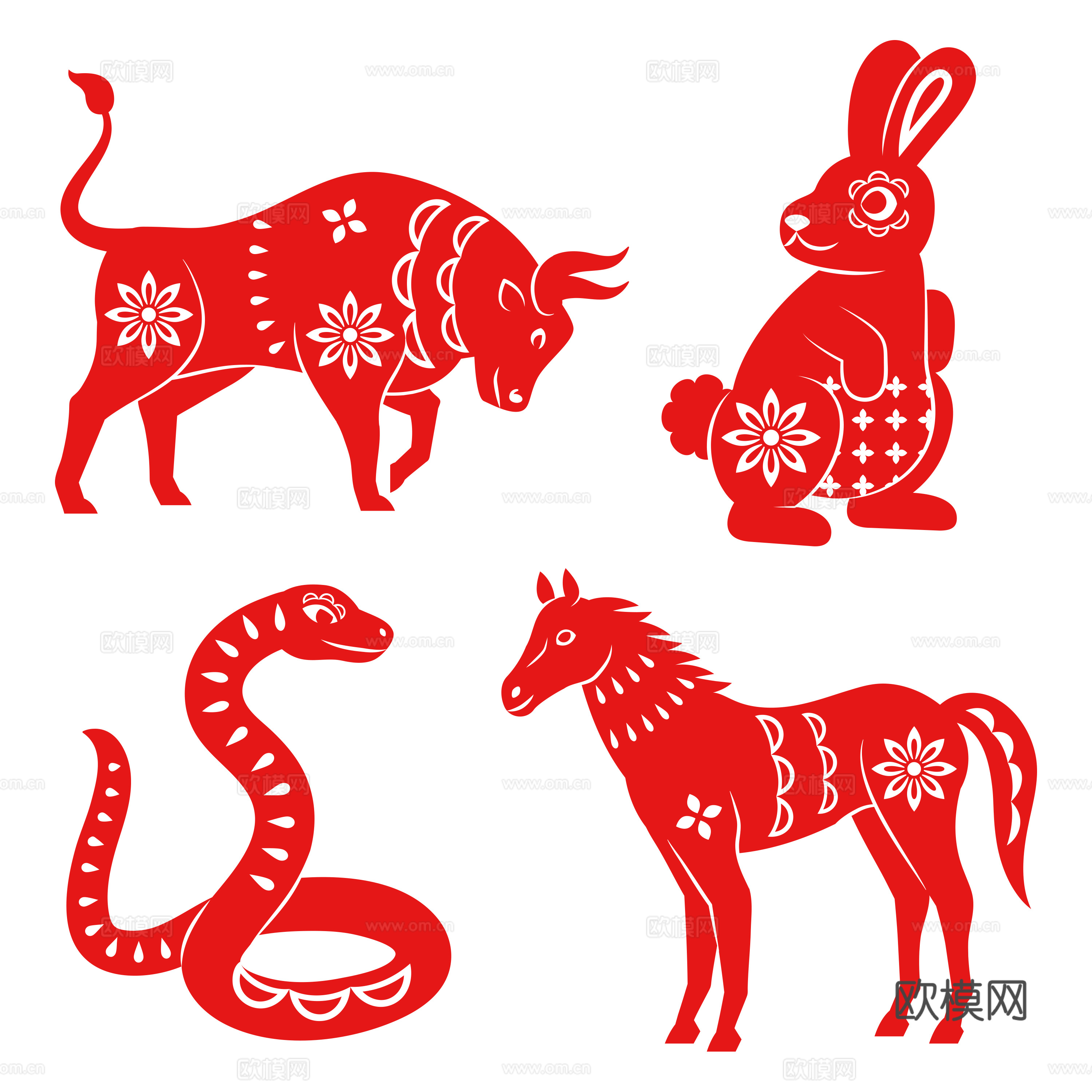 免抠12生肖 剪纸  兔 马牛 蛇