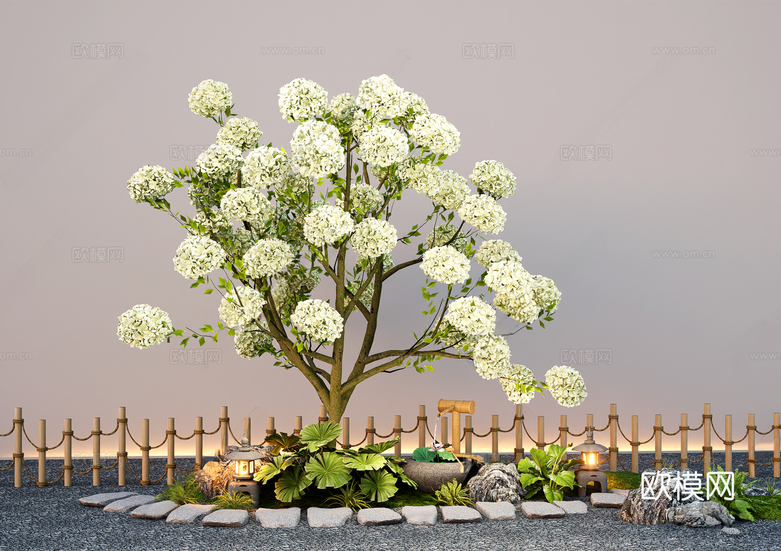 乔木 中华木绣球 大灌木 花境植物 汀步 景观小品3d模型