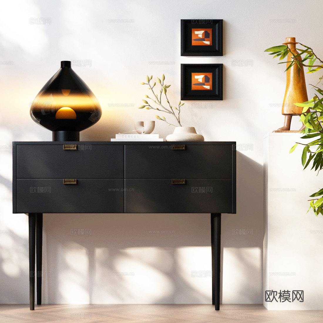 现代意式玄关柜 意式边柜 意式装饰柜 现代台灯 饰品摆件3d模型