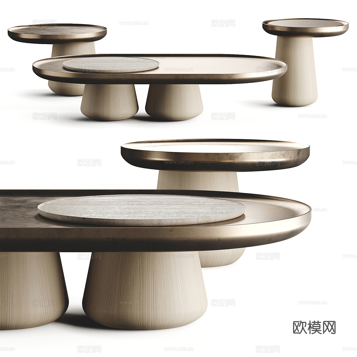 新中式轻奢圆形金属茶几3d模型