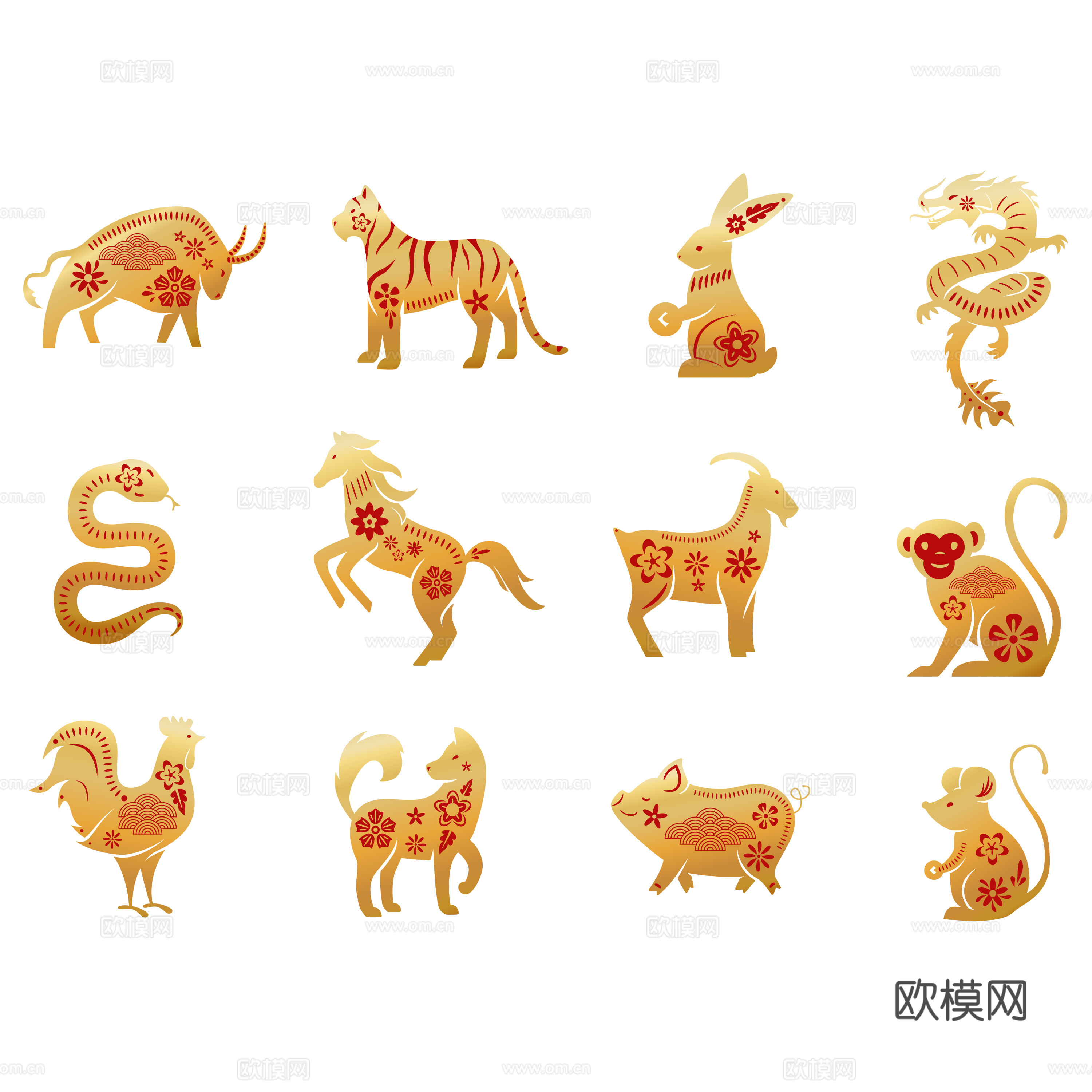 免抠12生肖 剪纸  龙蛇马羊 兔 虎 牛 狗