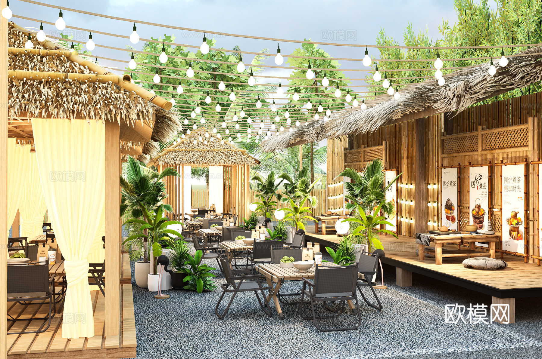 现代露营景观餐厅 商业外摆 户外桌椅 植物盆栽景观   露天su模型