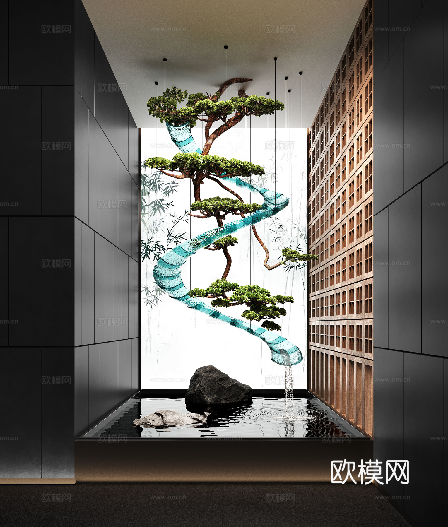 新中式室内水景观 流水 景观石 倒挂松树3d模型