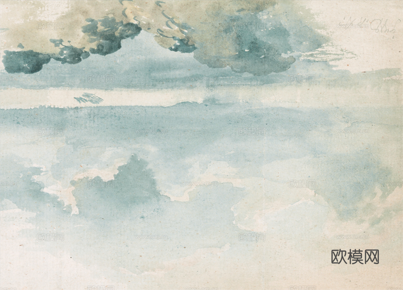 水彩蓝灰色云油画