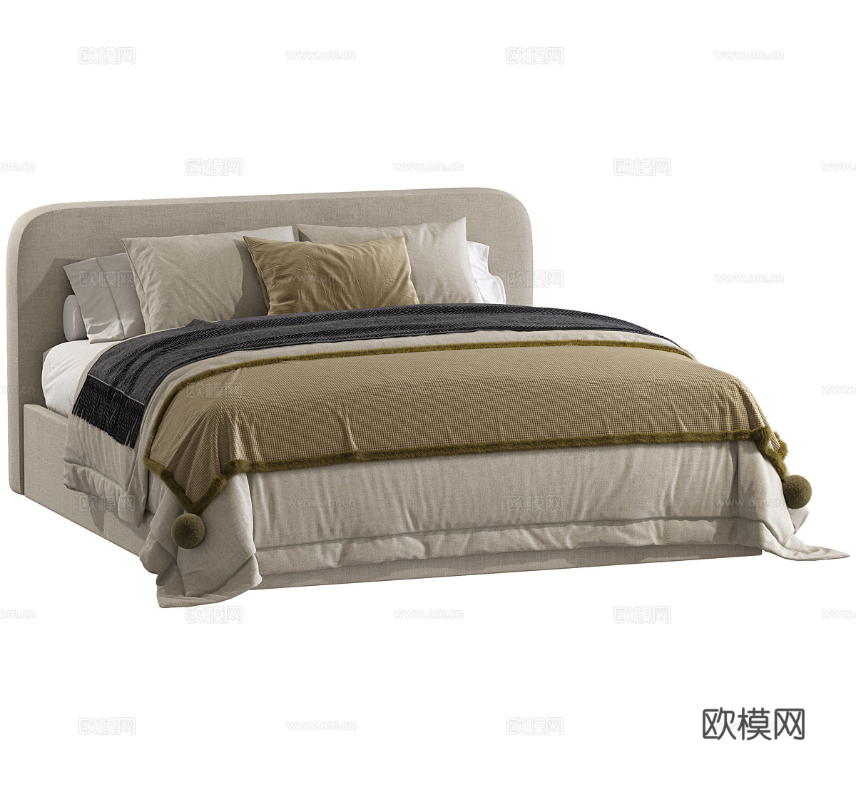 布艺双人床 布艺地台床 布艺靠背床 床品 床头抱枕 酒店双人3d模型