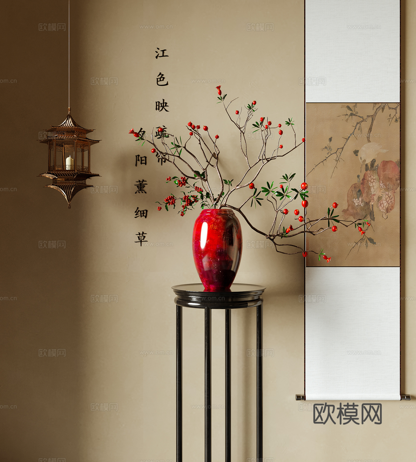 新中式花瓶花艺 插花花艺 挂画 吊灯3d模型