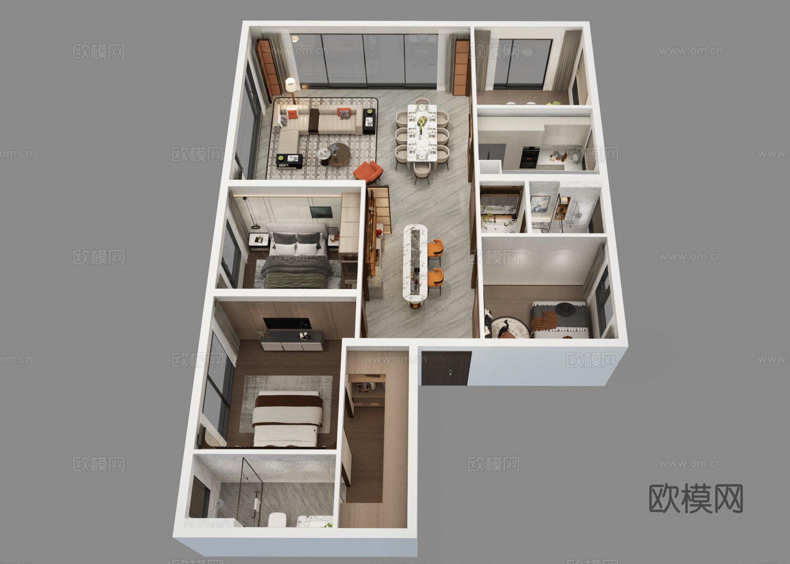 现代家装样板间 整体家装鸟瞰 全屋定制3d模型