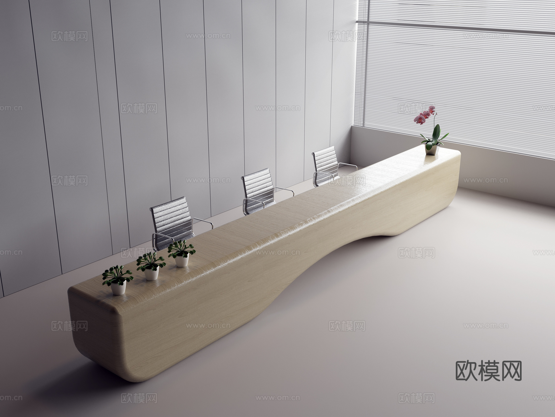 实木前台 接待前台 接待工作台 金属单椅 花盆盆栽su模型下载（渲染图1）