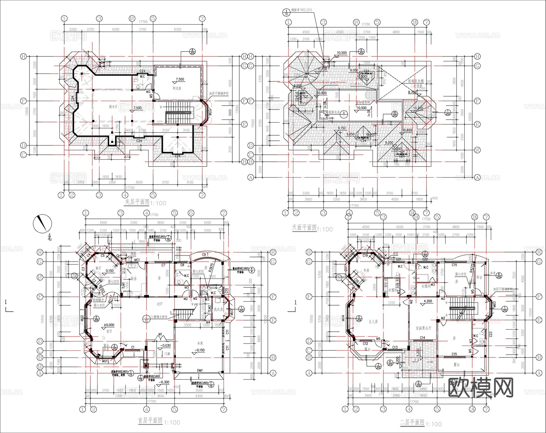现代新中式自建房别墅、二层自建房cad施工图