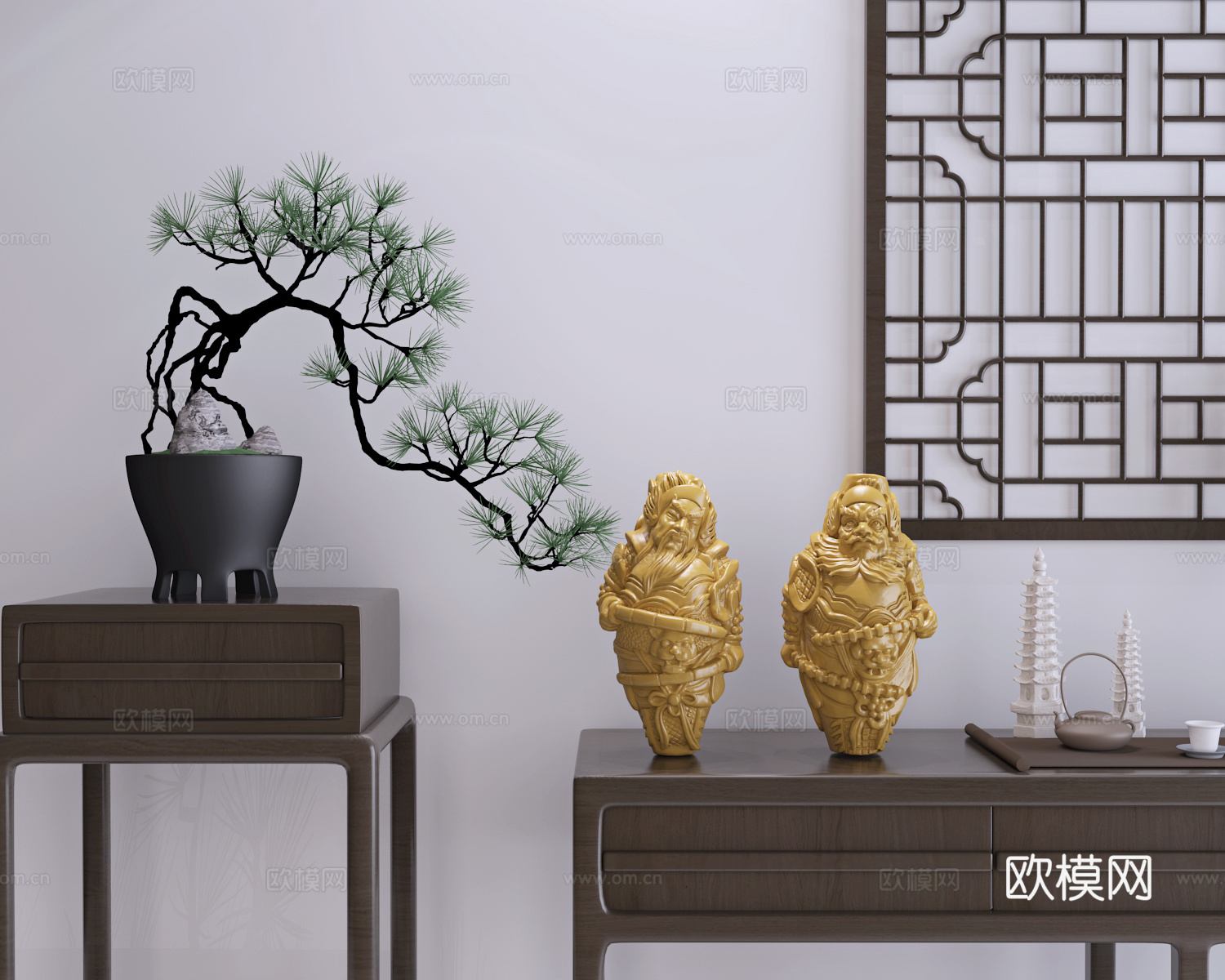 现代新中式哼哈二将门神雕塑艺术摆件3d模型