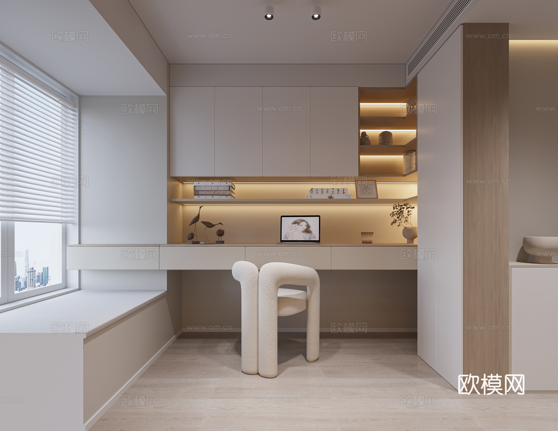 奶油风书房3d模型