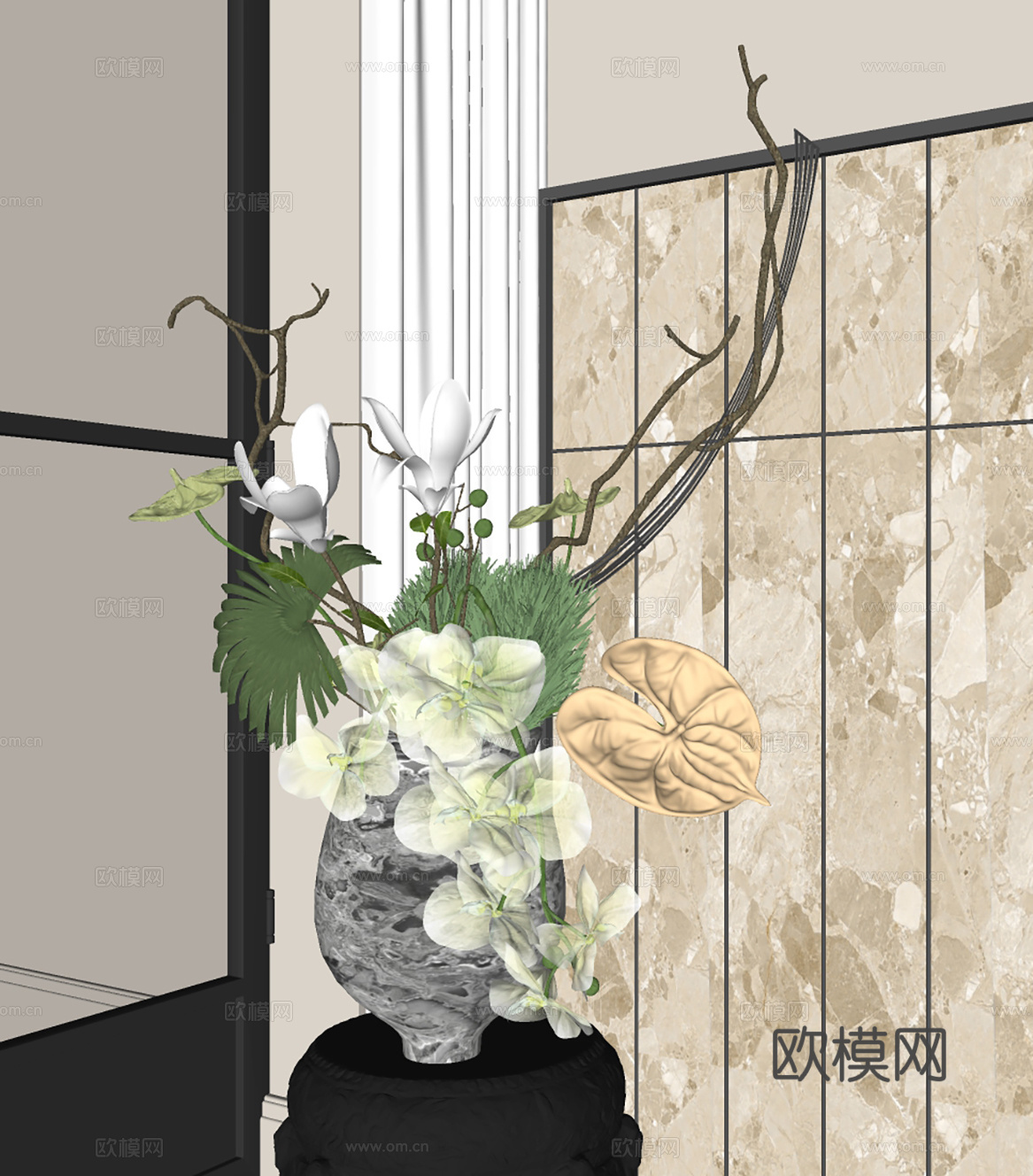 新中式花艺 餐桌花艺摆件 室内景观花艺 假花永生花 鲜花花艺su模型