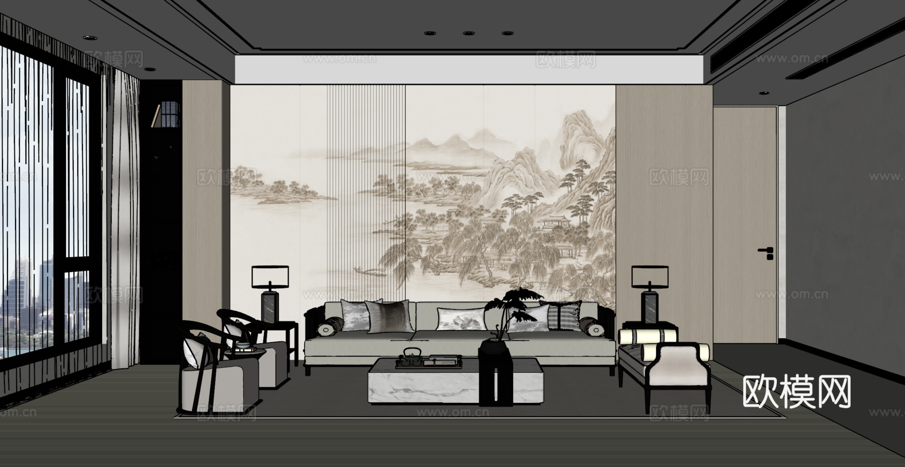 新中式客厅 沙发茶几组合 绿植 饰品摆件 台灯 背景墙su模型