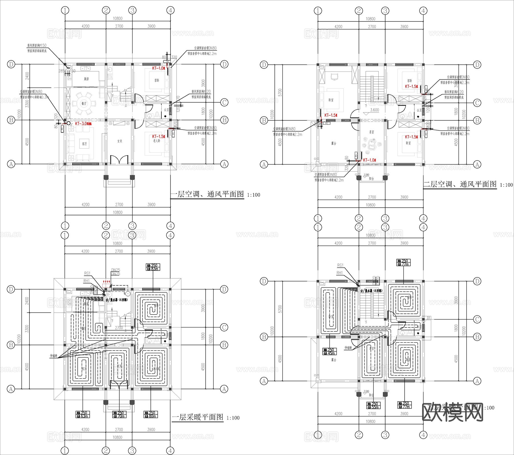 现代新中式自建房别墅、二层自建房cad施工图