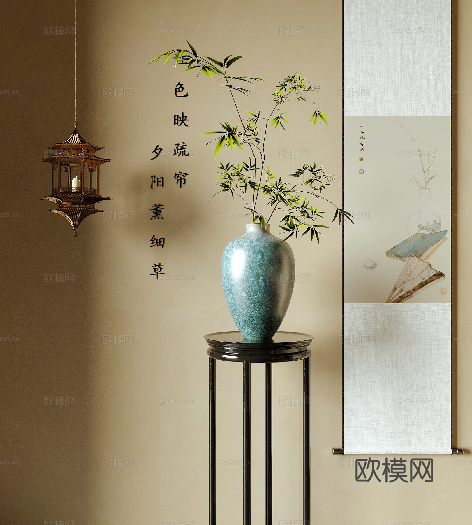 新中式花瓶花艺 插花花艺 挂画3d模型