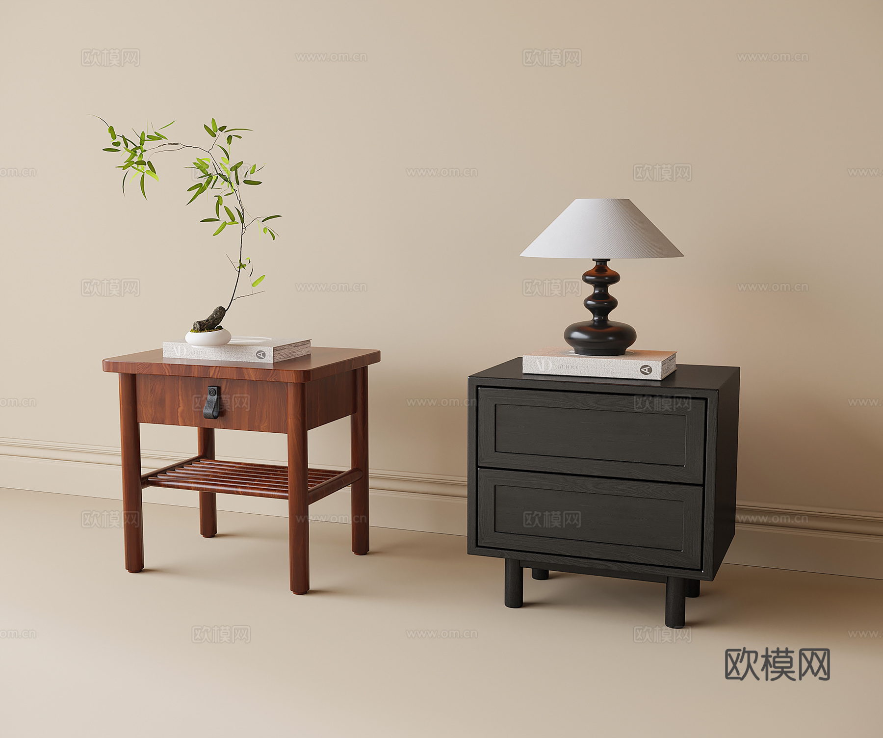 现代床头柜 床头台灯su模型