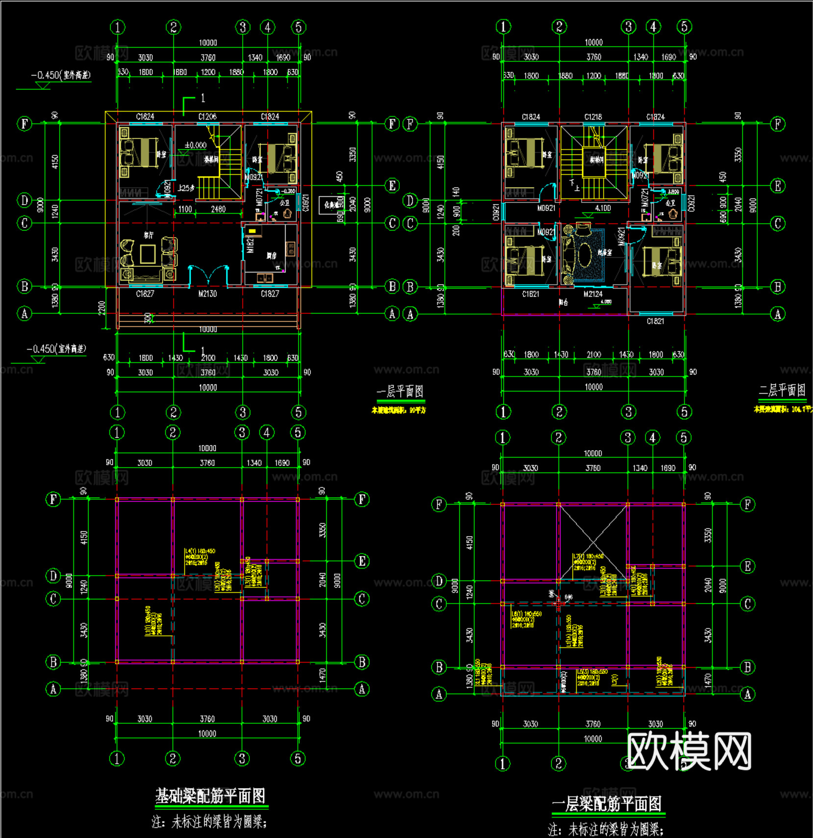 现代新中式自建房别墅、二层自建房cad施工图